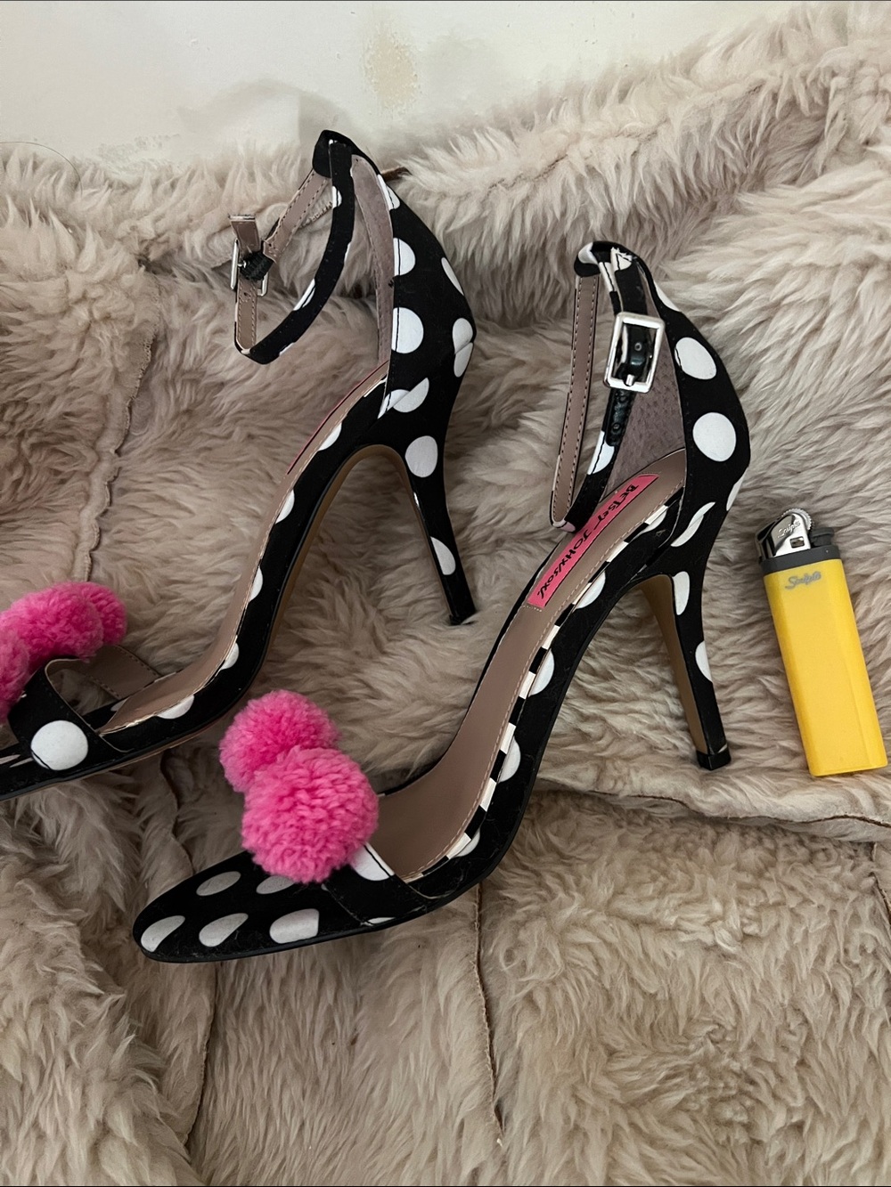 BETSEY JOHNSON Polka Dot High Heel Sandals with Pink Pom Poms - Picture 6 of 6